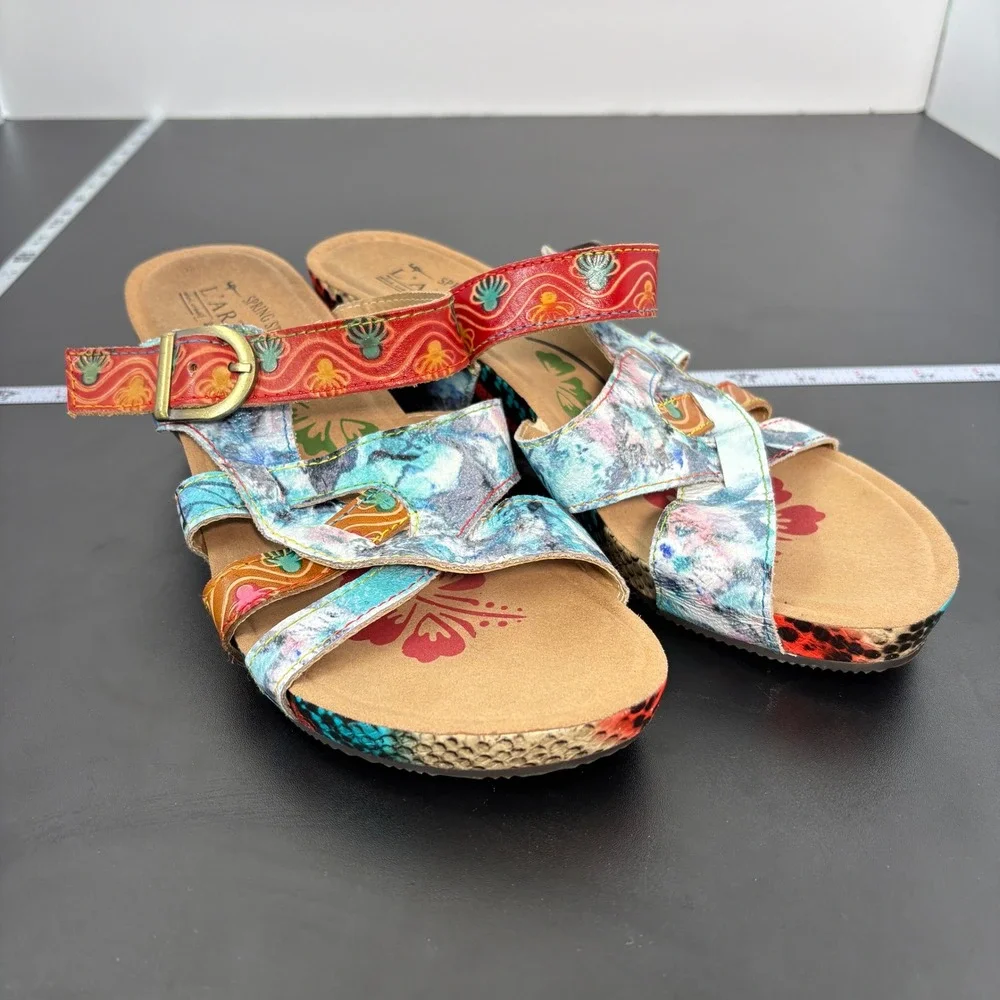 Spring Step L'Artiste Womens Wedge Sandals 38 (7.5) Baocire Leather Hand Painted